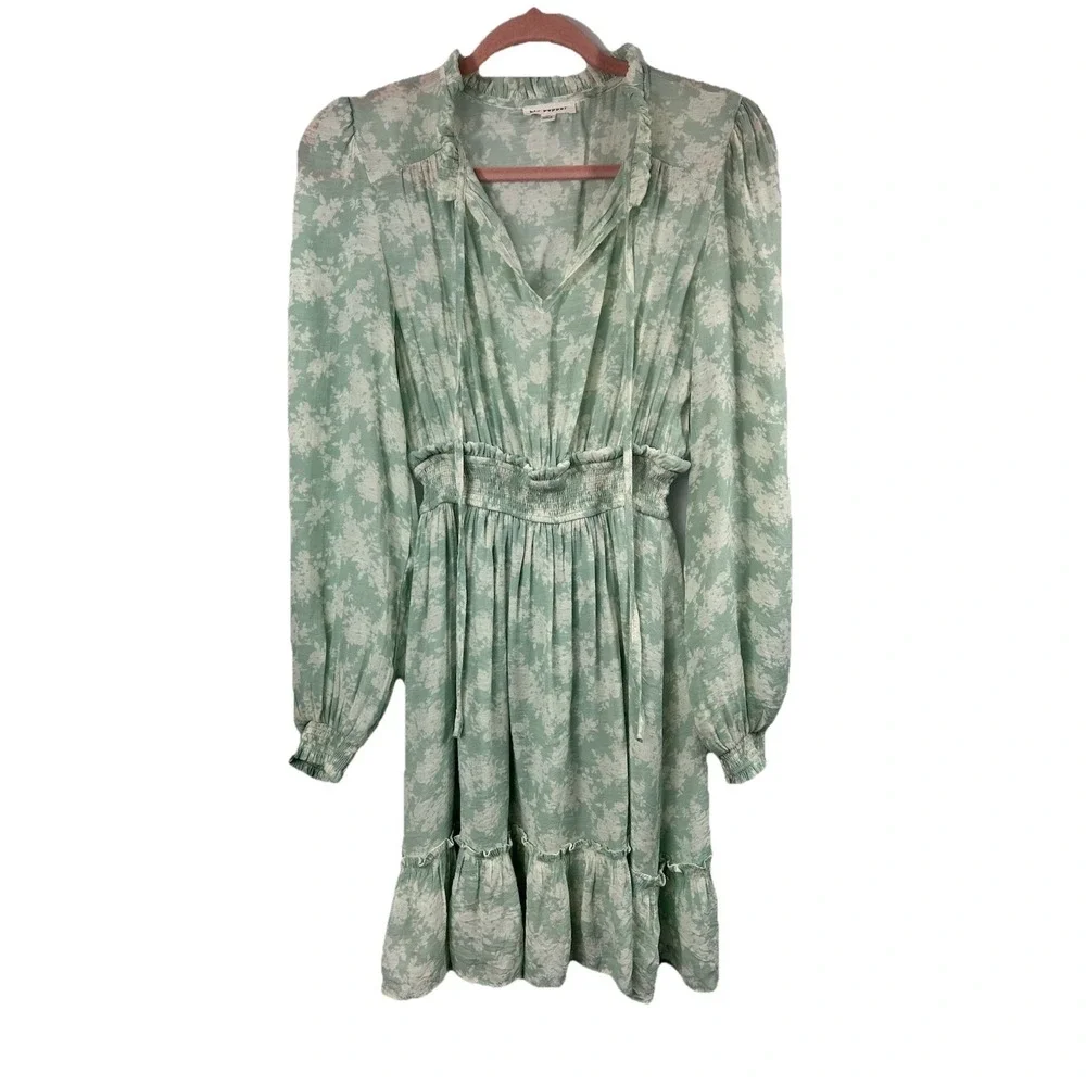 Blu Pepper Sage Green Floral Mini Dress‎ Medium Cottagecore Boho Ruffle Smocked - Picture 2 of 10